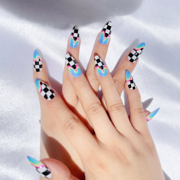OPOOLA Almond Press on Nails Medium,Football ripple print,OPOOLA Rainbow Jelly Soft Gel Fake Nails for Women Fit Natural,  Stick on Nails Reusable, 24pcs False Nails with Design Glue Art Kit